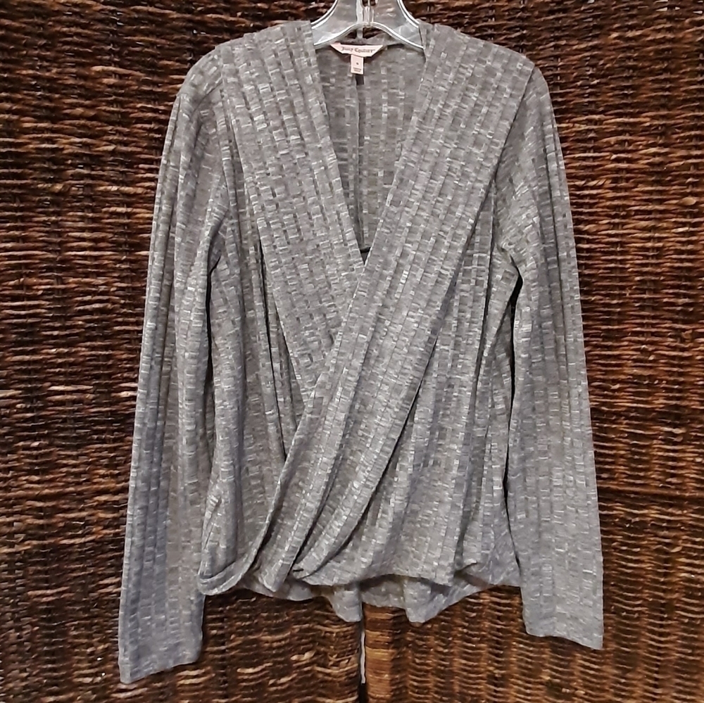 Juicy Couture Shirt Women's Small Gray Wrap Top 90s Y2K Knit Hoodie Hooded